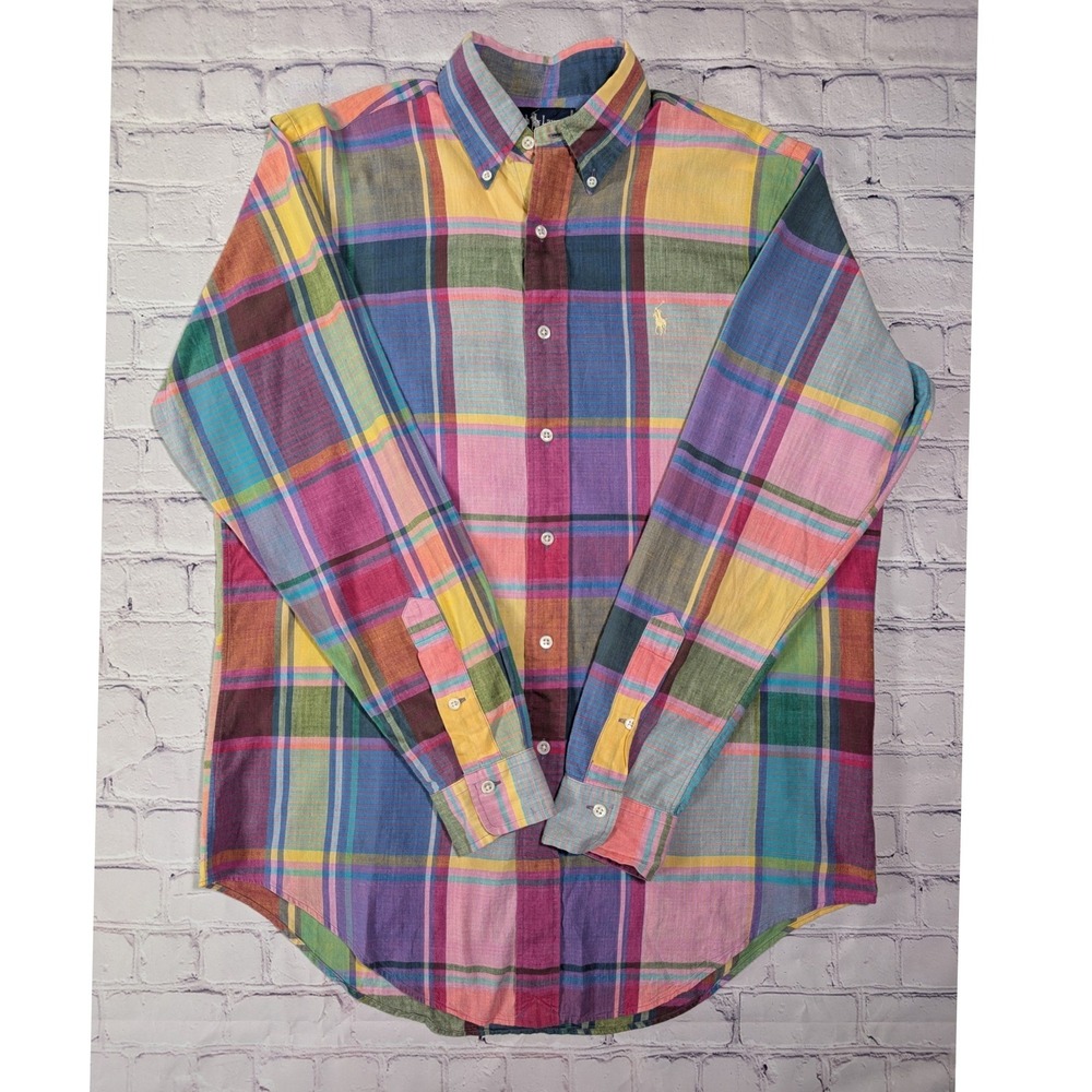Ralph Lauren Madras Shirt Mens M 100% Cotton Multi Color Plaid Hand Woven Pony